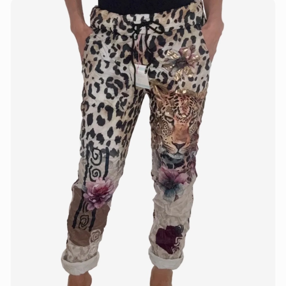 Embellished Animal Print Joggers with Tiger Motif